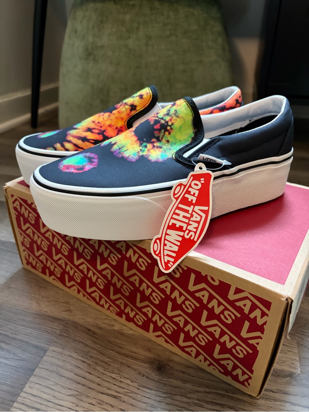 Vans Slip-On Platform Sneakers - Black with Neon Tie-Dye Accents
